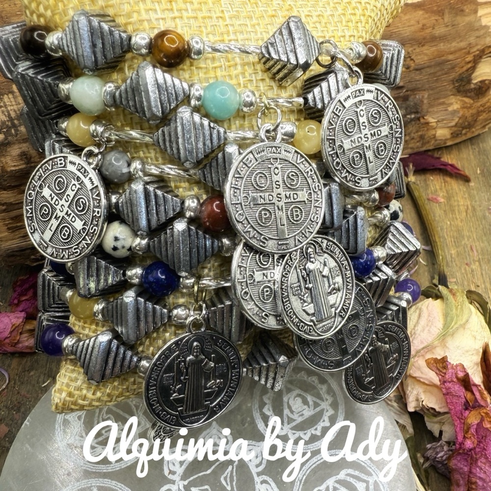 Alquimia Silver Saint Benedict and Colorful Beaded gemstones Charm Bracelet